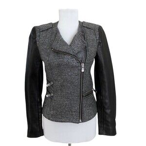 Maje Moto Jacket size 2 Leather Sleeve Silver Metallic Black Remeur Wool tweed
